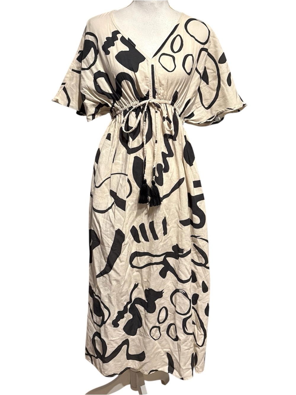 World Market Maxi Dress Womens Dark Gray Cream Boho Tassel Casual Summer Size XS